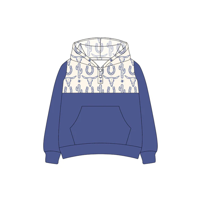 6.9 Preorder (moq 5)Baby Boys Western Cowboy Blue Cow Hooded Pullovers Tee Shirts