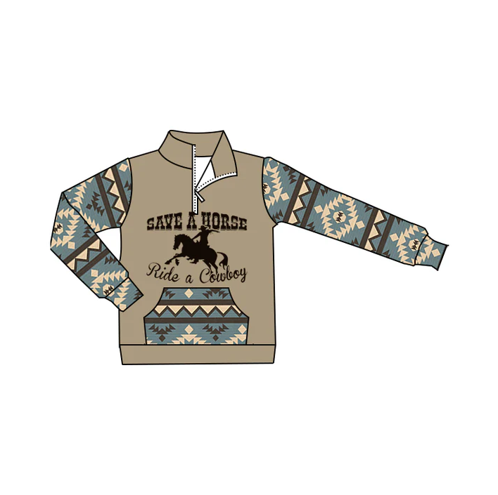 6.9 Preorder (moq 5)Baby Boys Western Cowboy Rodeo Aztec Zip Pocket Pullovers Tee Shirts