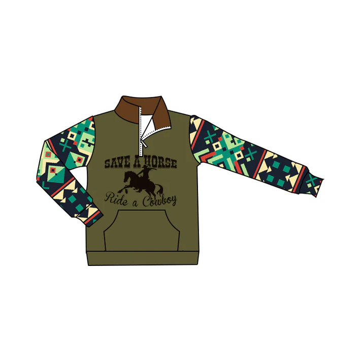 6.9Preorder (moq 5)Baby Boys Western Cowboy Horse Cactus Zip Pocket Pullovers Tee Shirts