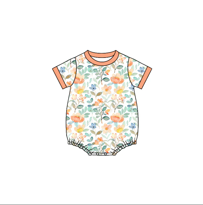 6.10 Preorder (moq 5)Baby Girls Orange Colorful Flowers Short Sleeve Rompers