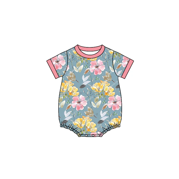 6.10 Preorder (moq 5)Baby Girls Grey Colorful Flowers Short Sleeve Rompers