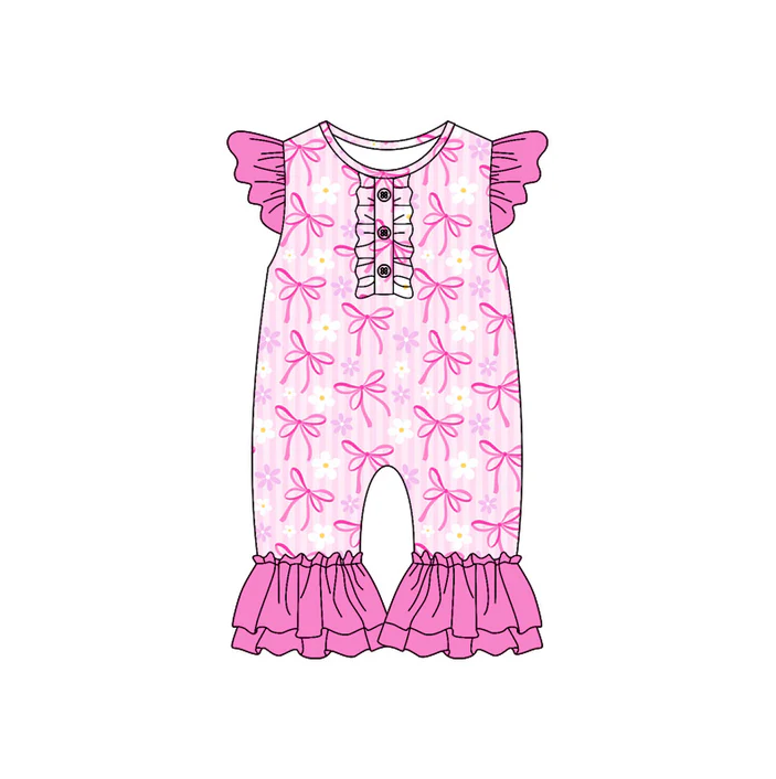 6.10 Preorder (moq 5)Baby Girls Hot Pink Bows Flowers Flutter Sleeve Rompers