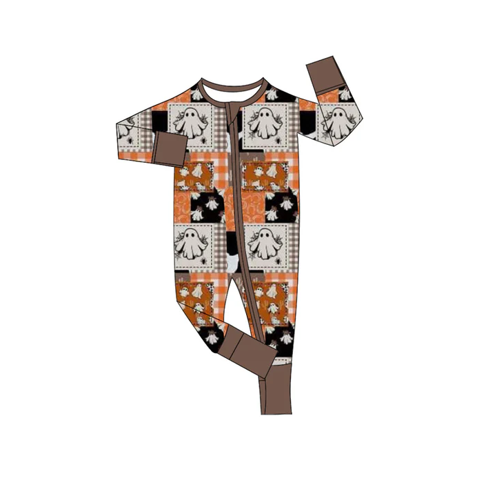 6.10 Preorder (moq 5)Baby Boys Halloween Ghost Orange Zip Long Sleeves Rompers