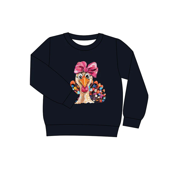 6.10 Preorder (moq 5)Baby Girls Long Sleeves Thanksgiving Black Turkey Tee Shirts Tops