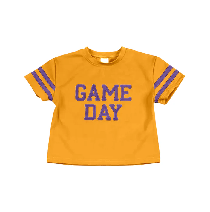 6.10 Preorder (moq 5)Baby Girls Mustard Game Day Team Cheer Short Sleeve Sports Shirts Tops