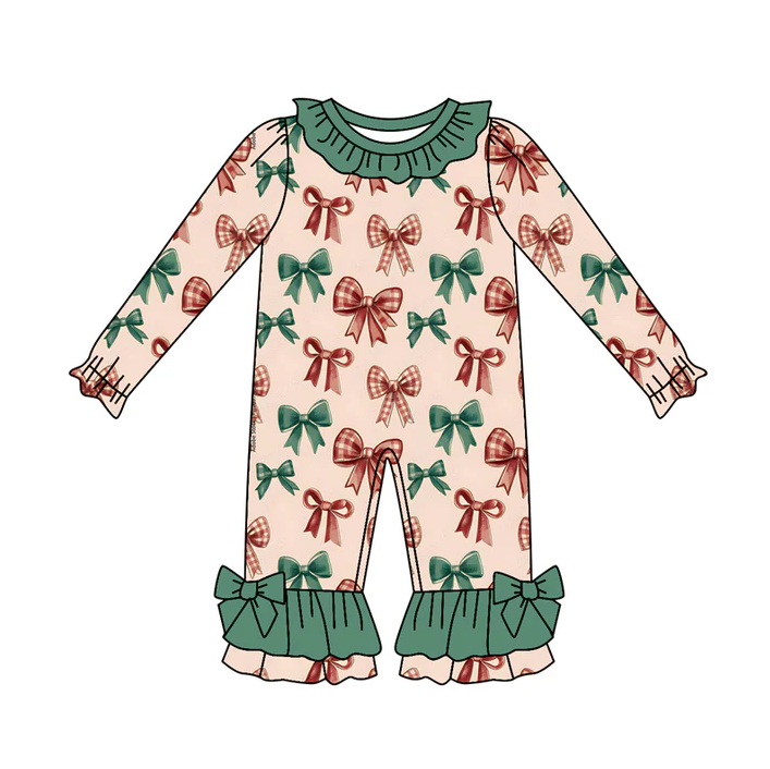 6.10 Preorder (moq 5)Baby Girls Long Sleeves Green Red Bows Plaid Ruffle Pant Rompers