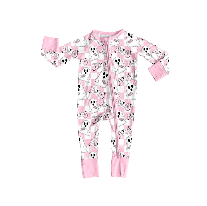 6.11 Preorder (moq 5)Baby Girls Pink Plaid Long Sleeves Ghosts BOO Zipper Rompers