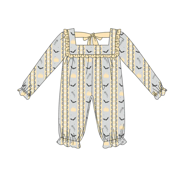6.11 Preorder (moq 5)Baby Girls Long Sleeves Pumpkins Bats Stripes Ruffle Pant Rompers