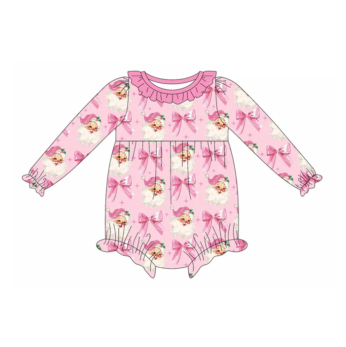 6.11 Preorder (moq 5)Baby Girls Pink Long Sleeves Bows Santa Plaid Ruffle Rompers