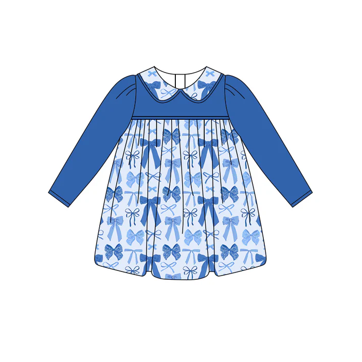 6.12 Preorder (moq 5)Baby Girls Hot Blue Long Sleeves Bows Plaid Knee Length Dresses
