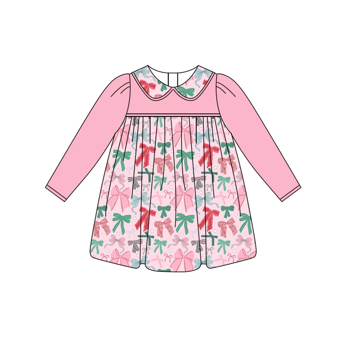 6.12 Preorder (moq 5)Baby Girls Pink Long Sleeves Colorful Bows Knee Length Dresses