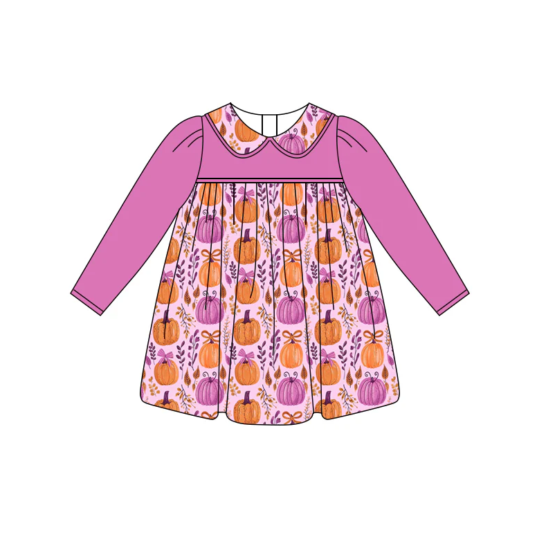 6.12 Preorder (moq 5)Baby Girls Hot Pink Long Sleeves Floral Pumpkins Knee Length Dresses