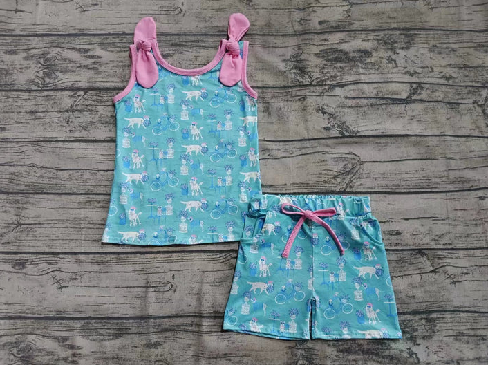 6.12 Preorder (moq 5)Baby Girls Bows Sleeveless Dogs Plants Top Pockets Shorts Set