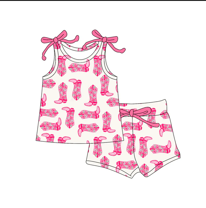 6.12 Preorder (moq 5)Baby Girls Bows Sleeveless Pink Boots Top Shorts Set