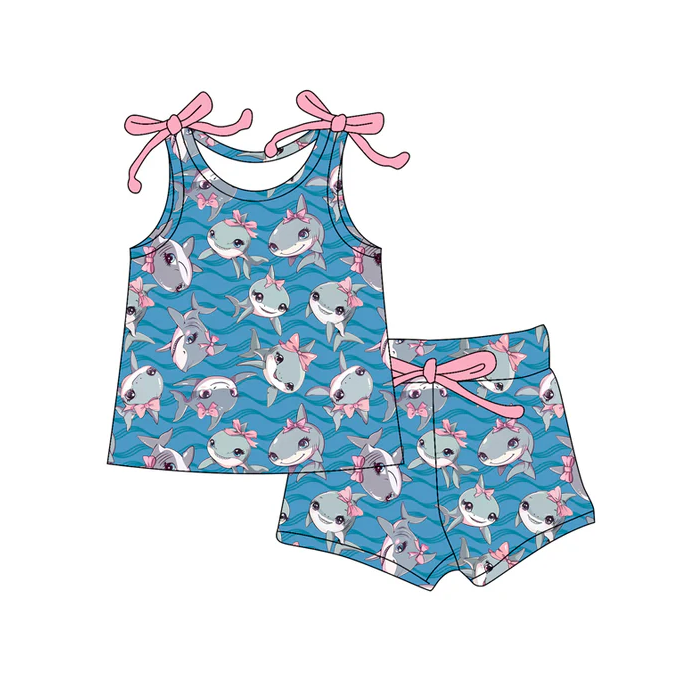 6.12 Preorder (moq 5)Baby Girls Hot Blue Bows Sleeveless Sharks Sea Top Shorts Set