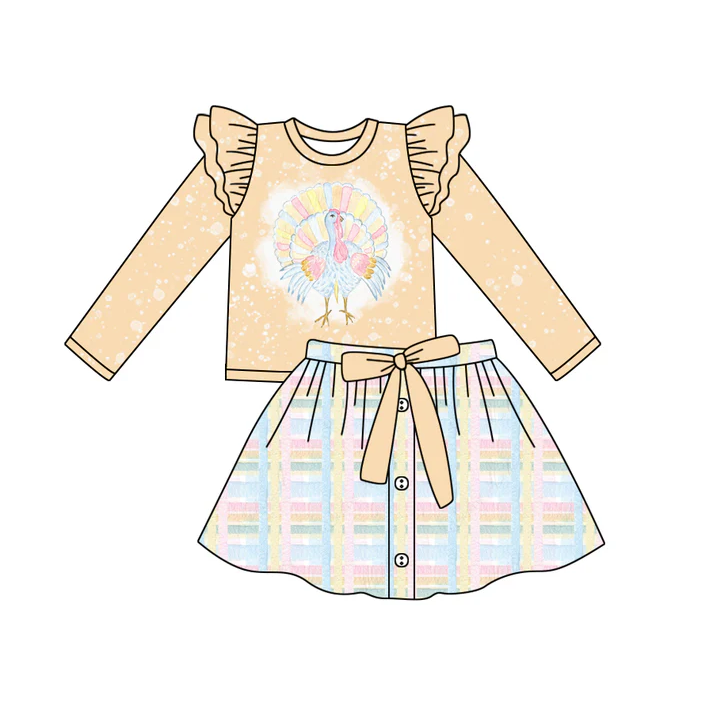 6.12 Preorder (moq 5)Baby Girls Yellow Long Sleeves Turkey Top Plaid Button Skirts Set