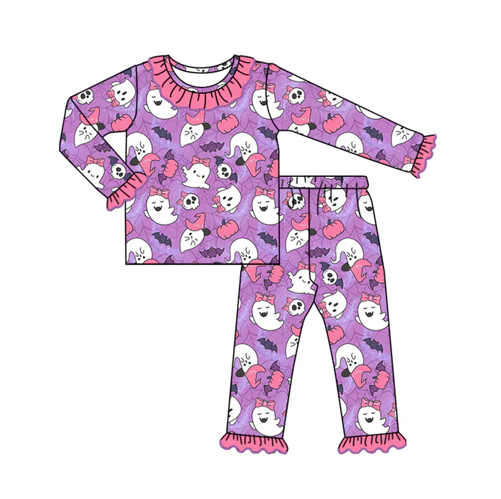 6.12 Preorder (moq 5)Baby Girls Purple Long Ruffle Sleeves Bats Ghosts Top Pant Pajamas Set
