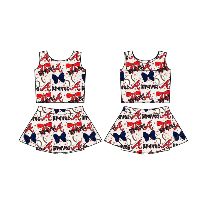 6.12 Preorder (moq 5)Baby Girls Braves Baseball Team Sleeveless Top Skorts Sets