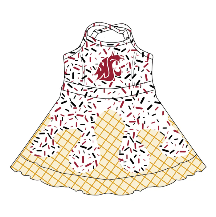 6.14 Preorder (moq 5)Baby Girls Strap Drip Red Cougars Shorts Ruffle Team Knee Length Dresses