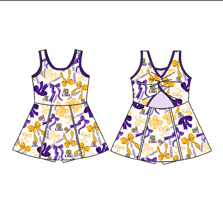 6.17 Preorder (moq 5)Baby Girls Purple Yellow Bows LSU Tiger Shorts Team Knee Length Dresses