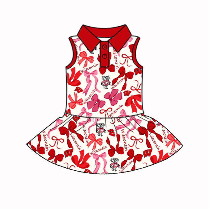 6.17 Preorder (moq 5)Baby Girls Red Sleeveless Wisconsin Bows Plaid Button Team Knee Length Dresses