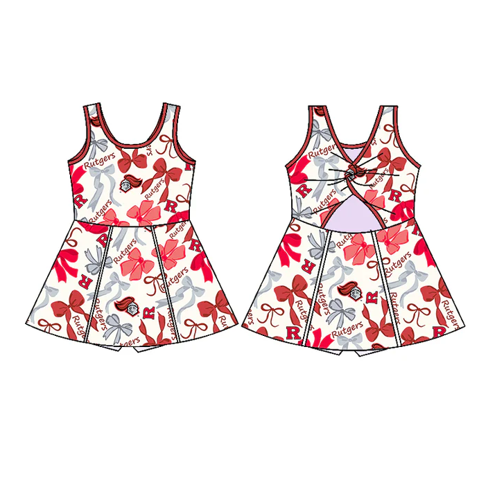 6.17 Preorder (moq 5)Baby Girls Red Sleeveless Rutgers Bows Short Team Knee Length Dresses
