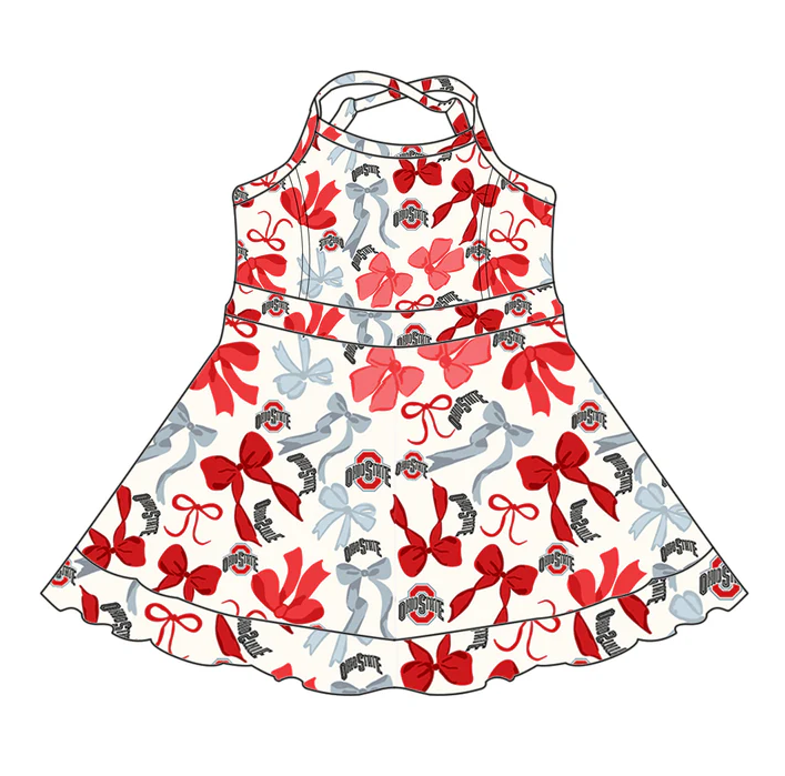 6.17 Preorder (moq 5)Baby Girls Strap Red Bows Plaid Ruffle Shorts Team Knee Length Dresses