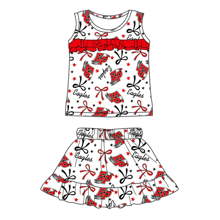 6.17 Preorder (moq 5)Baby Girls Sleeveless Red EP Stars Bows Top Ruffle Skorts Team Set