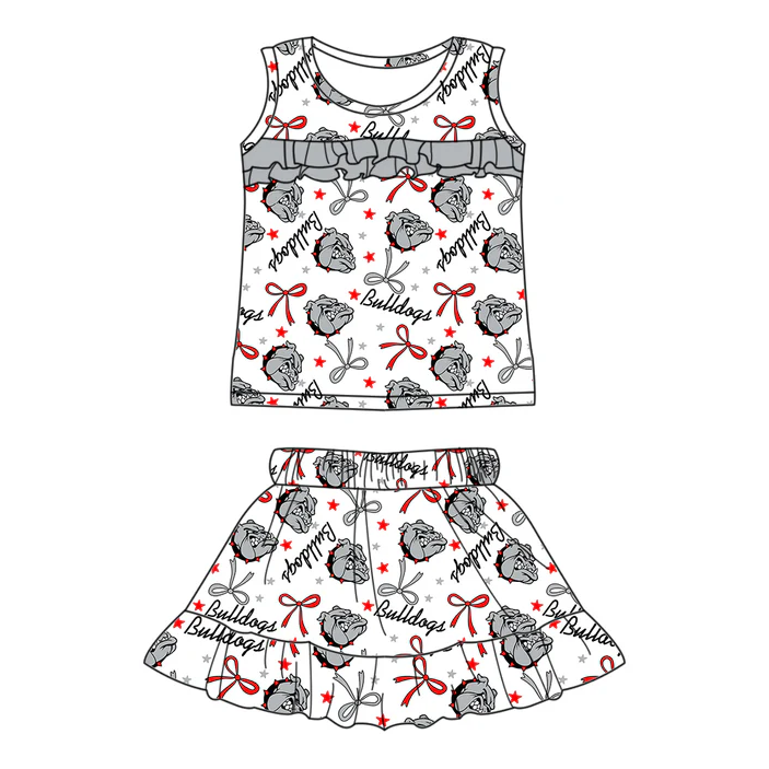 6.17 Preorder (moq 5)Baby Girls Sleeveless Gray Dogs Stars Bows Top Ruffle Skorts Team Set