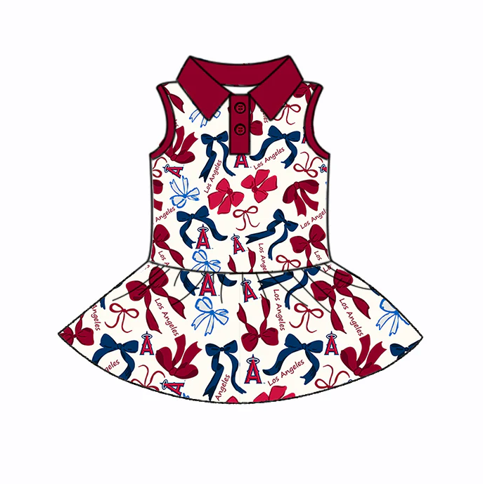 6.19 Preorder (moq 5)Baby Girls Blue Red Los Angel Bows Plaid Button Team Knee Length Dresses