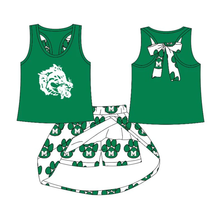 6.19 Preorder (moq 5)Baby Girls Green Monahans Loboes Top Skorts Team Sets