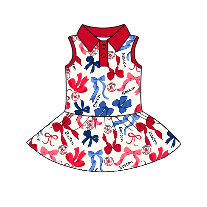 6.20 Preorder (moq 5)Baby Girls Sleeveless Blue Red Bows Plaid Boston Button Team Knee Length Dresses