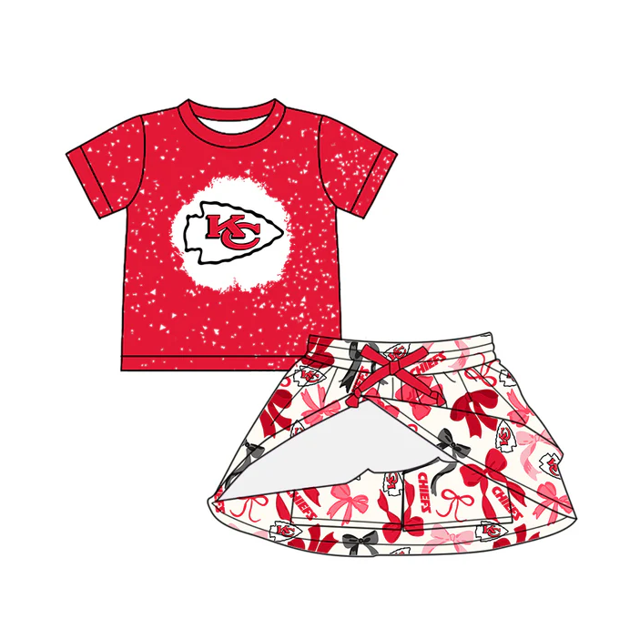 6.20 Preorder (moq 5)Baby Girls Pink Short Sleeves KC Chiefs Top Bows Plaid Skort Team Set