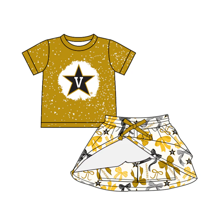 6.20 Preorder (moq 5)Baby Girls Yellow Short Sleeves V Stars Top Bows Plaid Skorts Team Set