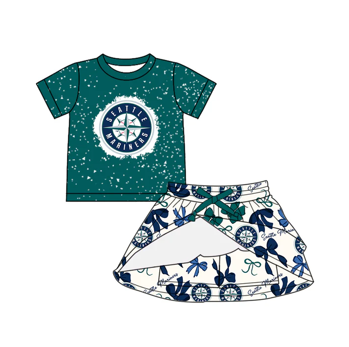 6.21 Preorder (moq 5)Baby Girls Green Short Sleeves Seattle Mariners Top Bows Plaid Skorts Team Set