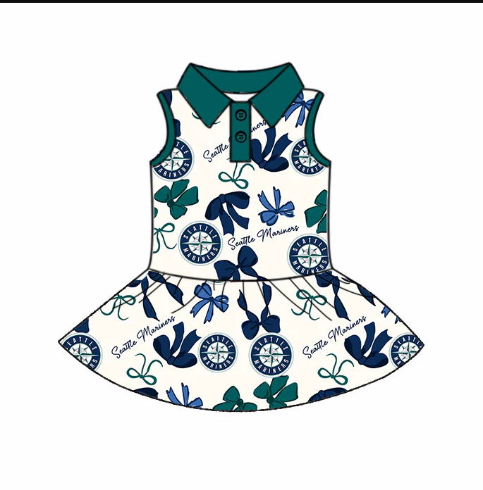 6.21 Preorder (moq 5)Baby Girls Green Sleeveless Bows Plaid Seattle Mariners Button Team Knee Length Dresses