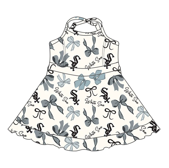 6.21 Preorder (moq 5)Baby Girls Strap Bows Plaid White Sox Short Ruffle Team Knee Length Dresses
