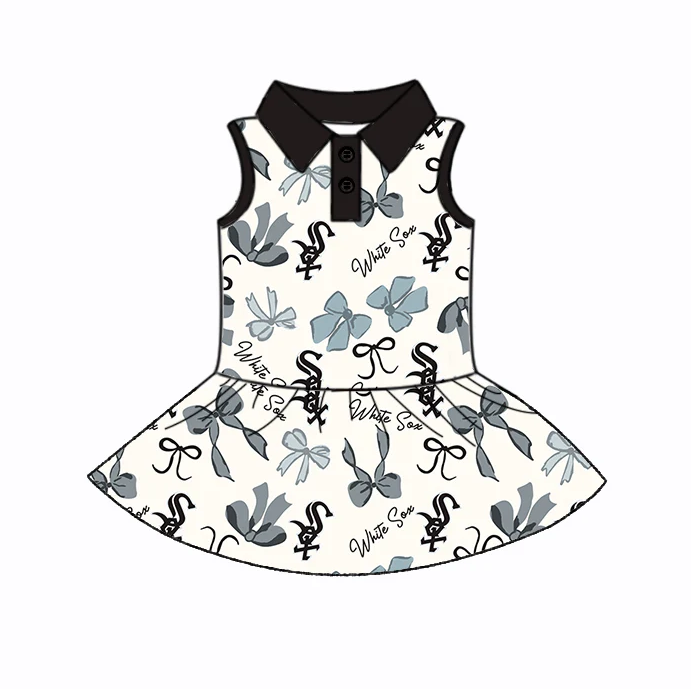 6.21 Preorder (moq 5)Baby Girls Black Sleeveless Bows Plaid White Sox Button Team Knee Length Dresses