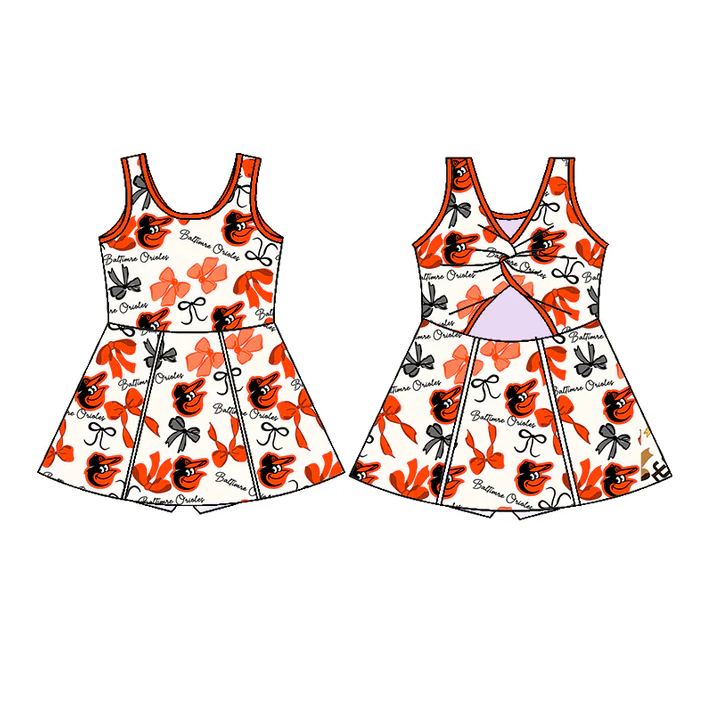 6.21 Preorder (moq 5)Baby Girls Sleeveless Orange Bows Plaid Baltimre Short Team Knee Length Dresses