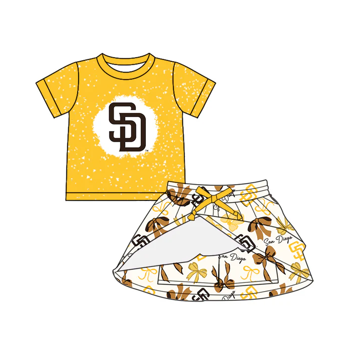 6.21 Preorder (moq 5)Baby Girls Yellow Short Sleeves SD Top Bows Plaid Skorts Team Set