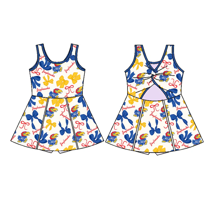 6.26 Preorder (moq 5)Baby Girls Blue Sleeveless Bows Plaid KU Short Team Knee Length Dress