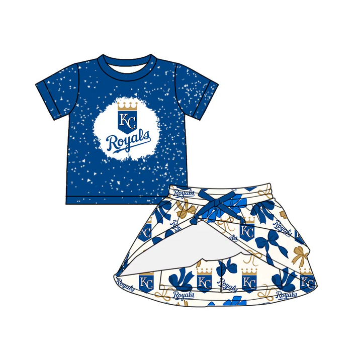 6.26 Preorder (moq 5)Baby Girls Hot Blue Short Sleeves KC Top Bows Plaid Skort Team Set