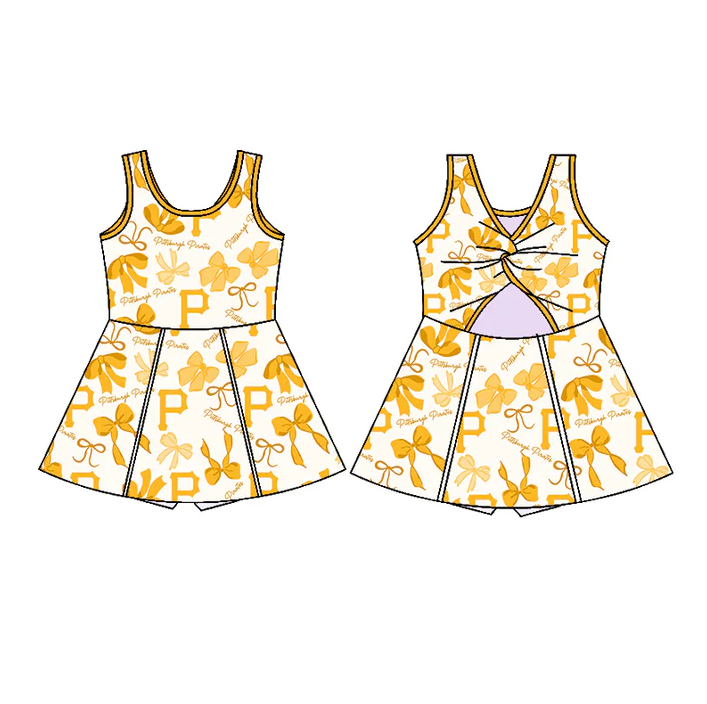 6.26 Preorder (moq 5)Baby Girls Yellow Sleeveless Bows Plaid P Short Team Knee Length Dresses