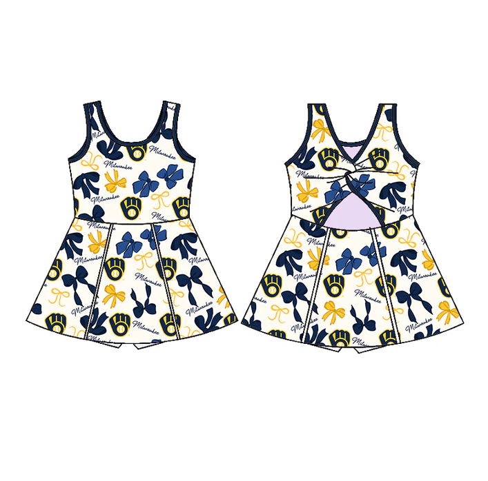 6.26 Preorder (moq 5)Baby Girls Sleeveless Bows Plaid Baseballs Short Team Knee Length Dresses