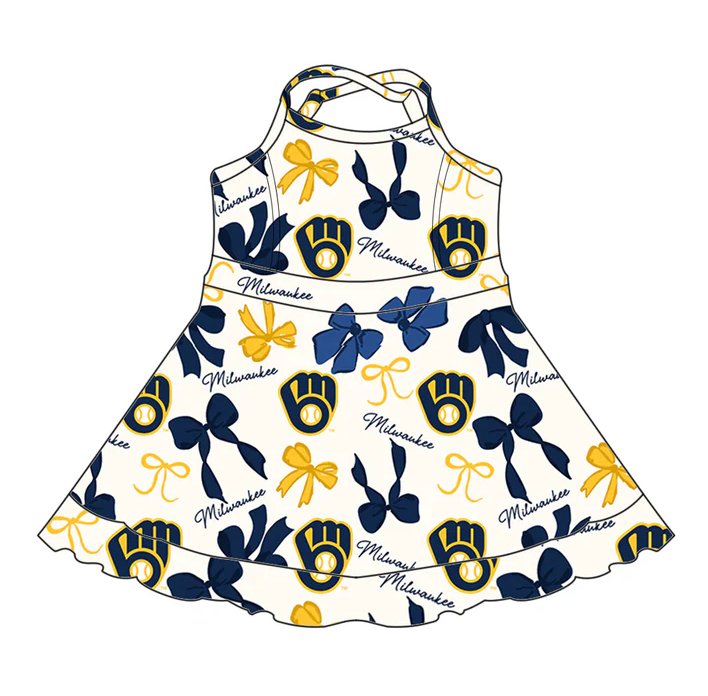 6.26 Preorder (moq 5)Baby Girls Strap Bows Plaid Baseballs Short Ruffle Team Knee Length Dresses