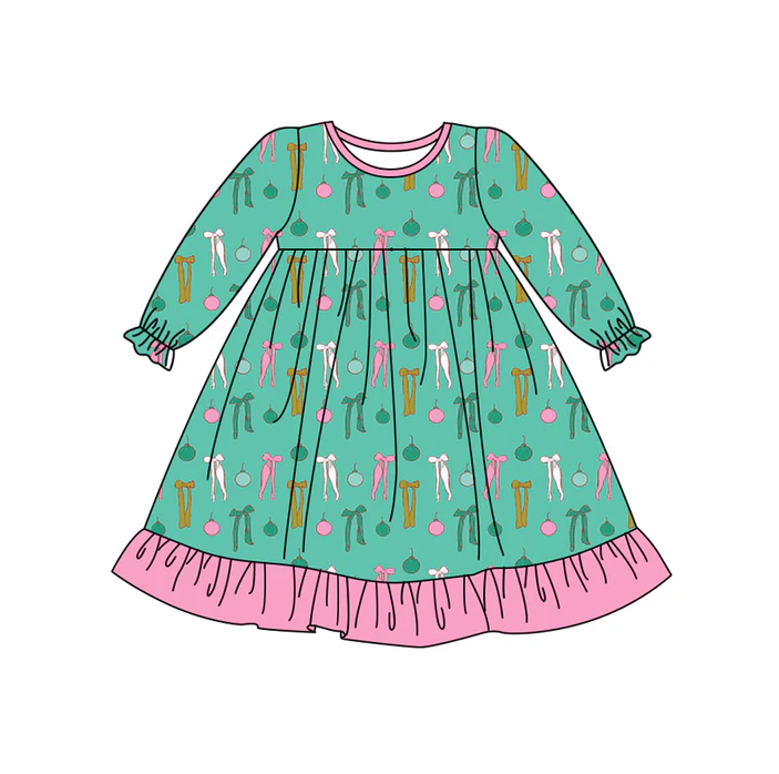 6.27 Preorder (moq 5)Baby Girls Green Long Ruffle Sleeves Bows Lights Knee Length Dresses