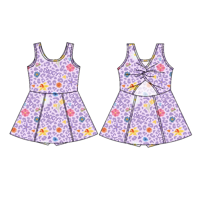 6.27 Preorder (moq 5)Baby Girls Sleeveless Lavender Leopard Daddy's Girl Shorts Knee Length Dresses