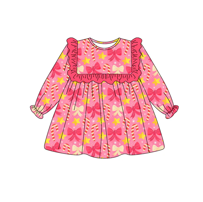 6.27 Preorder (moq 5)Baby Girls Pink Long Ruffle Sleeves Bows Candy Cane Knee Length Dresses