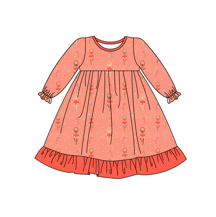 6.27 Preorder (moq 5)Baby Girls Red Long Ruffle Sleeves Dancers Candy Cane Knee Length Dresses