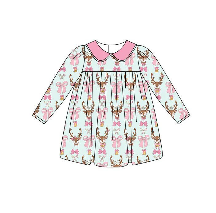 6.27 Preorder (moq 5)Baby Girls Blue Long Sleeves Bows Deer Candy Cane Knee Length Dresses